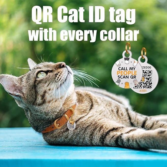 BRONZEDOG Leather Cat Collar with Removable Bells Non Breakaway Kitten QR Tag for Girl Boy (9" - 12" Cats/Mini Dogs, Red & Silver)