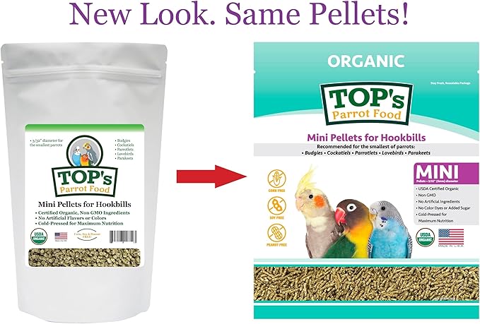 TOP's Parrot Food Mini Pellets Bird Food for Budgies, Cockatiels, Parrotlets, Lovebirds, Parakeets - Non-GMO, Peanut Soy & Corn Free, USDA Organic Certified - 1 lb