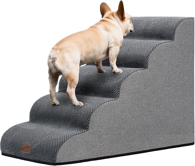 GoGoBunny Ramp Dog Stairs for High Beds 22.6" H, 5-Step Dog Slope Stairs with Durable Waterproof Fabric Cover, Pet Steps for Old Large Dogs Climbing, Non-Slip Sturdy Indoor Step, Grey