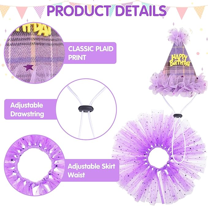 SCENEREAL Dog Birthday Bandana Hat with Dress Girl Set Party Supplies Plaid Puppy Birthday Outfit Cute Dog Tutus for Small Medium Lage Dogs, Purple Plaid