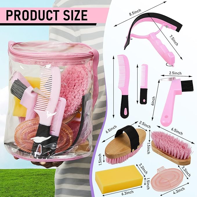 9 Pieces Horse Grooming Kit Tack Room Supplies Set with Organizer Tote Bag, Oval Massage Curry, Hard and Soft Brush, Hoof Pick, Sweat Scraper, Bathing Sponge, Combs for Horse Riders Beginners (Pink)