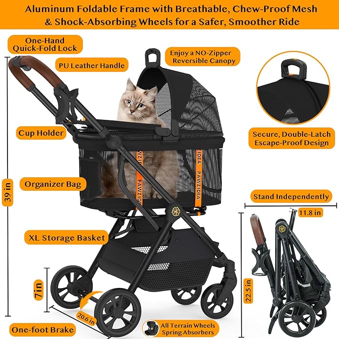 PAWZIDEA Dog Stroller 4 in 1, Pet Stroller for Cats with Detachable Carrier for Small/Medium Dogs/Cats, Seatbelt Car Seat Combo, Cozy House, Foldable & Lightweight Jogger Strollers, Storage Basket