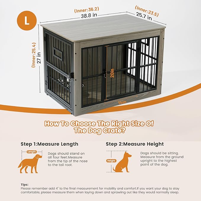 Gardner Pet Dog Crate Furniture for Medium Dogs, 38.8 Inch Dog Kennel Indoor, Wooden Dog Cage End Table with 2 Removable Bowls, Heavy Duty Dog Crate, Rustic Grey