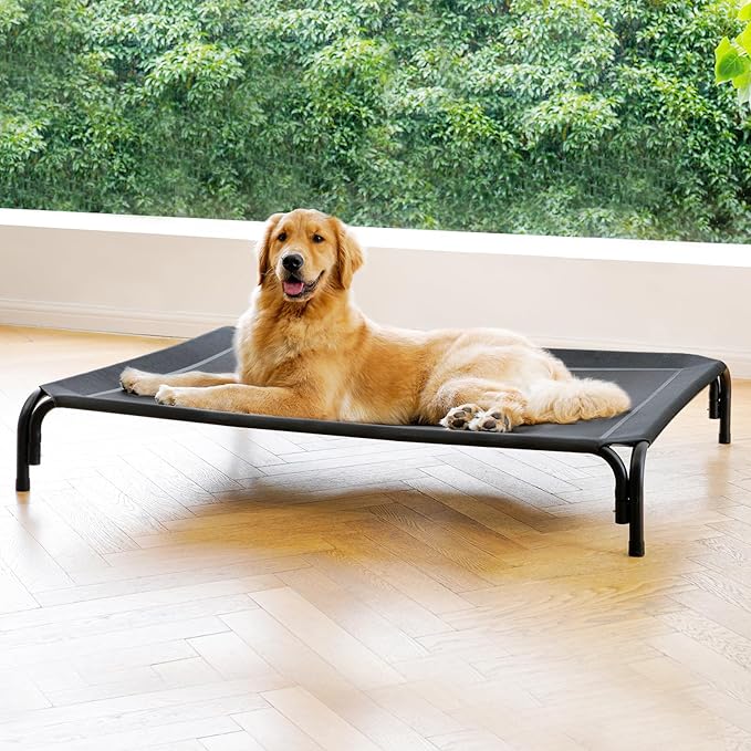 Elevated Dog Bed Raised Outdoor Dog Cot for Extra Large Dogs, Installation Requires No Tools, Frame with Washable Cooling Breathable Mesh Anti-Slip Feet, Indoor Pet Bed, Black, 48.8 Inches