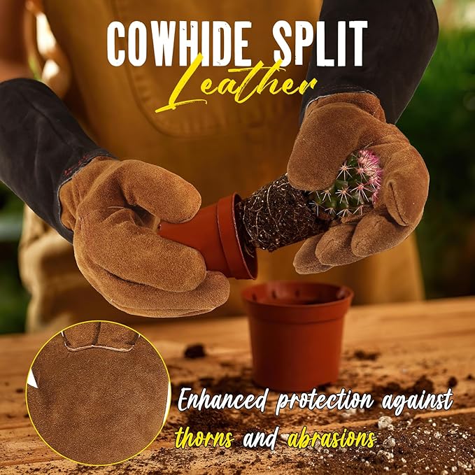 HANDLANDY Leather Gardening Gloves for Men & Women, Rose Pruning Thorn Proof Garden Glove, Long Sleeve Gauntlet Gloves (Black-brown, Medium (Pack of 1))