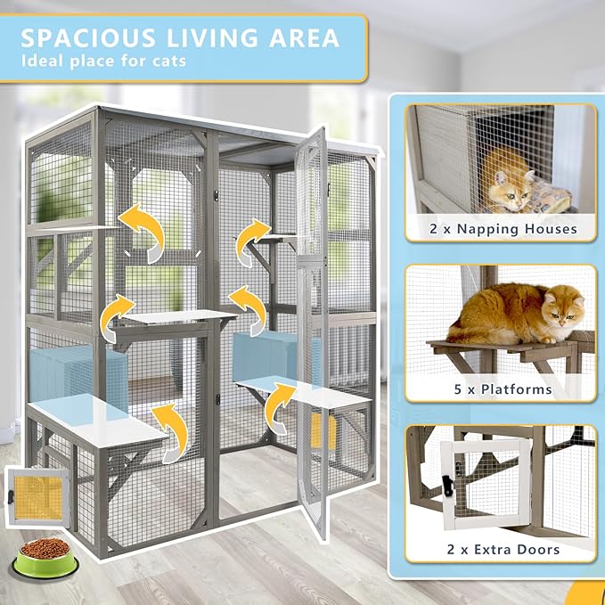 Catio Outdoor Cat Enclosure Large Window Cat House Walk in Kitty Cage with Multi-Level Platforms, Waterproof Roof for Mulitiple Cats (59" L x 29.5" W x 67.7" H)