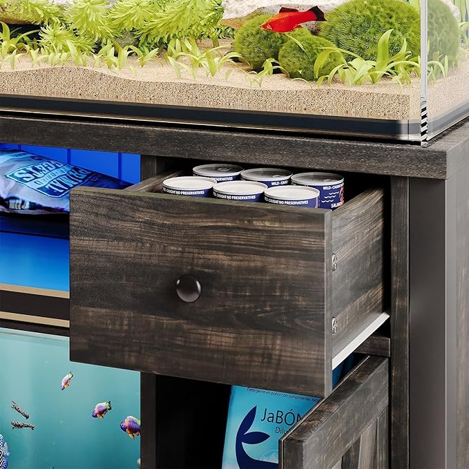 75 Gallon Fish Tank Stand with LED Light & Power Outlets, 55-75 Gallon Heavy Duty Metal Aquarium Stand with Drawers & Barn Doors, Cabinet for 2 Fish Tank Accessories Storage, Dark Oak