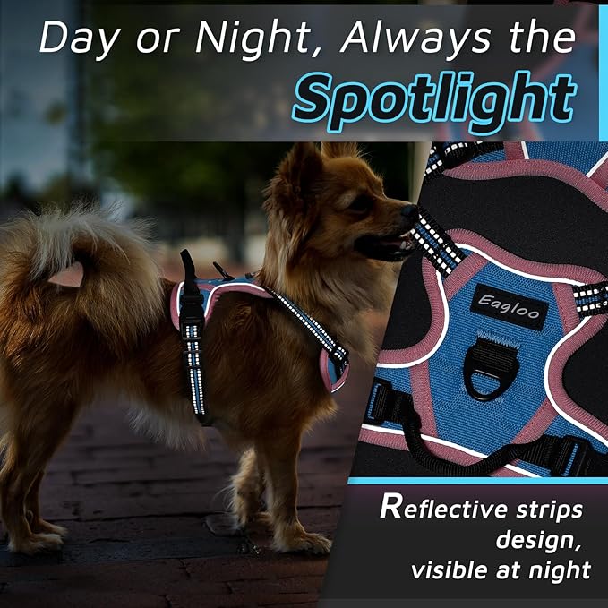 Eagloo Small Dog Harness No Pull, Service Vest with Reflective Strips and Control Handle, Adjustable and Comfortable for Walking, No Choke Pet Harness with 2 Metal Rings, Pink & Blue, XS