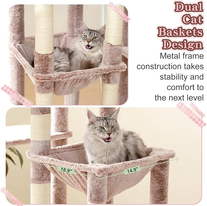 Heybly Heavy Duty Cat Tree, 71-Inch Tall Tower for Large Maine Coon with Extra-Large Baseboard, Cat Condo Furniture with Multi-Level Platforms, 2 Hammocks and 12 Scratching Posts, Muchroom HCT037MU