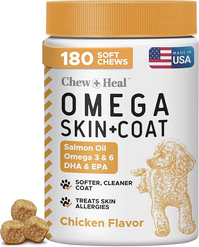 Salmon Oil for Dogs - 180 Soft Chew Omega Treats for Skin and Coat - Fish Oil Blend of Essential Fatty Acids, Omega 3 and 6, Vitamins, Antioxidants and Minerals - Made in USA