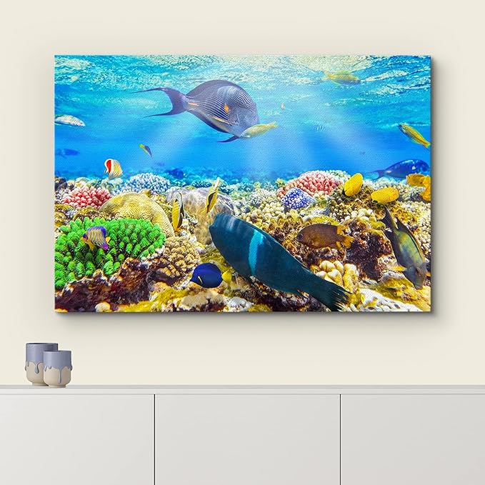 wall26 Canvas Print Wall Art Sunlight Ocean Sea Coral Reef Anemone Fish Nature Animals Photography Realism Rustic Scenic Landscape Wilderness Earth for Living Room, Bedroom, Office - 12"x18"