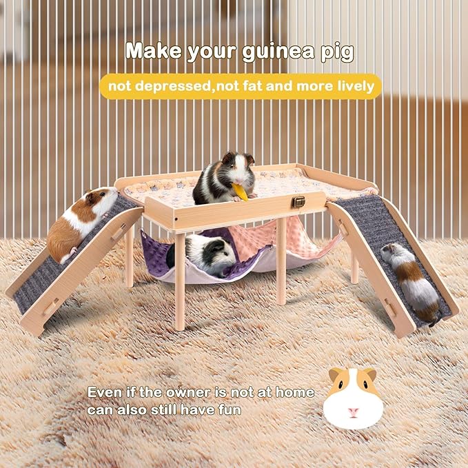 Enlarged Guinea Pig Hammock with Platform and Stairs,Wooden Foldable Piggies Hideout for Guinea Pigs Bunny Ferret Hamster Hiding Sleeping Activities 24L x 12W x 11H in（Double）