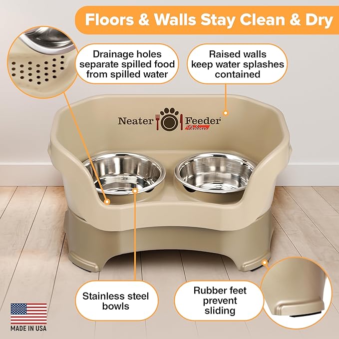 Neater Pet Brands Neater Feeder Deluxe Mess Proof Dog Bowls Elevated for Medium Dogs 19-40 lbs, Made in USA, No Spill Raised Dog Food Bowl Stand Feeding Station, Food and Water Bowl Set, Cappuccino