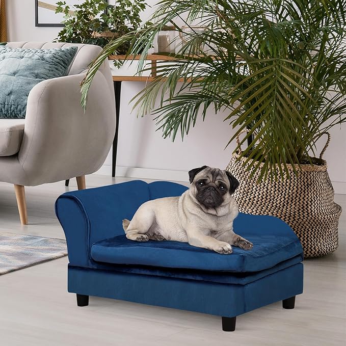 PawHut Luxury Fancy Dog Couch with Hidden Storage, Small Dog Sofa Bed with 2" Soft Foam, Modern Pet Furniture for Puppies & Little Breeds, Blue