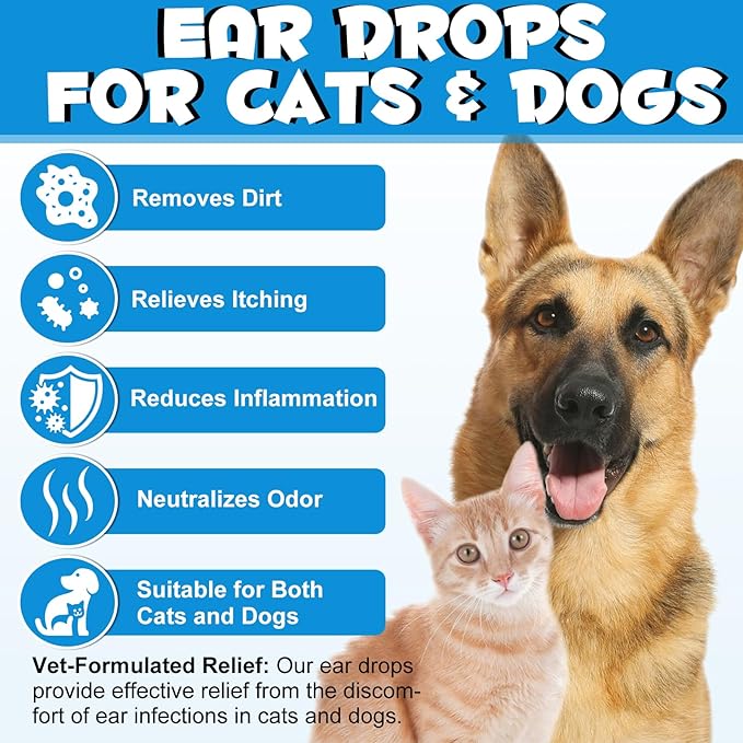 Dog & Cat Ear Infection Treatment Drops, Pets Ear Cleaning Drops with 1% Hydrocortisone for Dog & Cats Yeast Infection, Itchy Ear Relief, Treats Ear Infections for Dogs & Cats - 2 fl oz