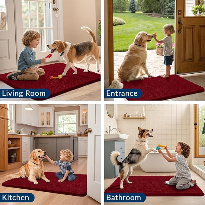Smiry Dog Door Mat for Muddy Paws 30x20, Absorbs Moisture and Dirt Doormat, Non-Slip Washable Quick Dry Chenille Front Door Mat Indoor Entrance, Entryway Carpet for Inside Floor, Red