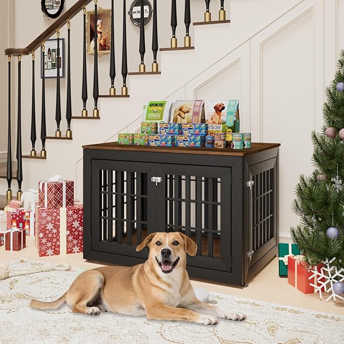 42" Heavy Duty Dog Crate Furniture for Small,Medium and Large Dogs,Rustic Wooden Dog Cage Kennel Indoor Furniture with Waterproof Top,Decorative Pet House Side End Table (Black & Wood)