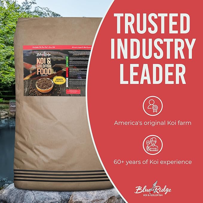 Blue Ridge Koi Fish Food 50lb - Koi Food 3/16” Large and Mini Blend Growth Formula, Goldfish Food, Premium Fish Food for Ponds, Ponds Fish Food, Floating Pond Pellets