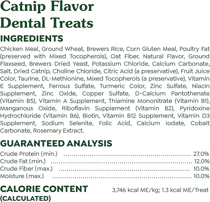 Greenies Feline Adult Dental Cat Treats, Catnip Flavor, 9.75 oz. Tub