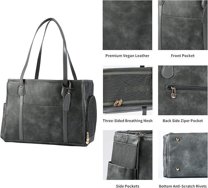 Stylish Dog Purse Carrier, Leather Pet Carrier Bag for Small Dogs Cats Puppy, Airline Approved Soft-Sided Carrier Grey
