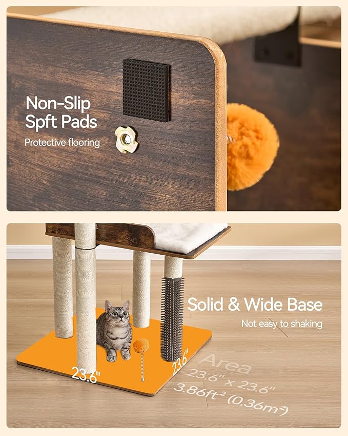 FourFurPets 43.7" Cat Tree, Modern Cat Tree Tower, Cat Tower for Indoor Cats Large Adult, Cat Condo with Scratching Post, Large Perch and Removable Pads,Rustic Brown