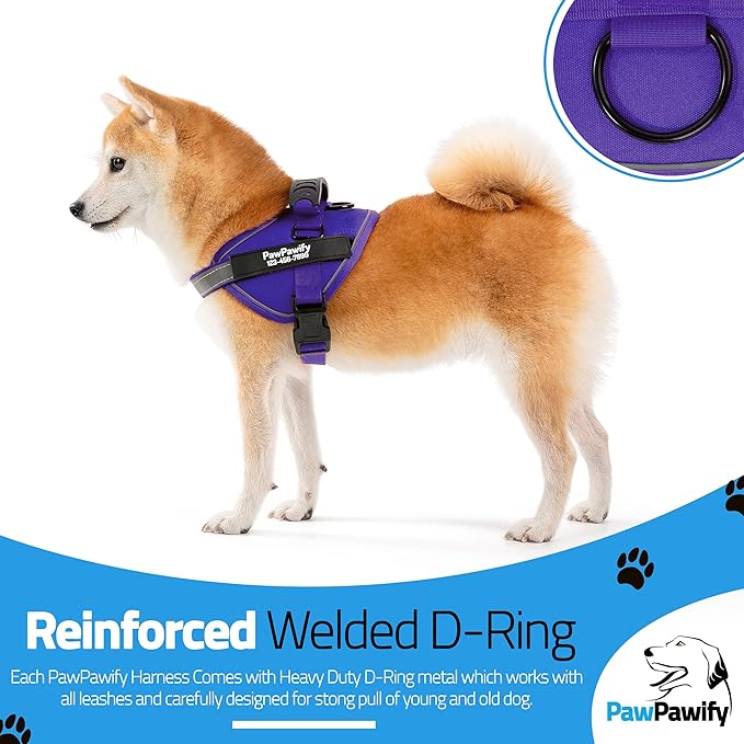 PawPawify Custom No Pull Dog Harness with Name and Phone Number, Heavy Duty Personalized Pet Vest to Prevent Tugging, Pulling, or Choking, Training and Walking (New Purple, S (10-19LBS))