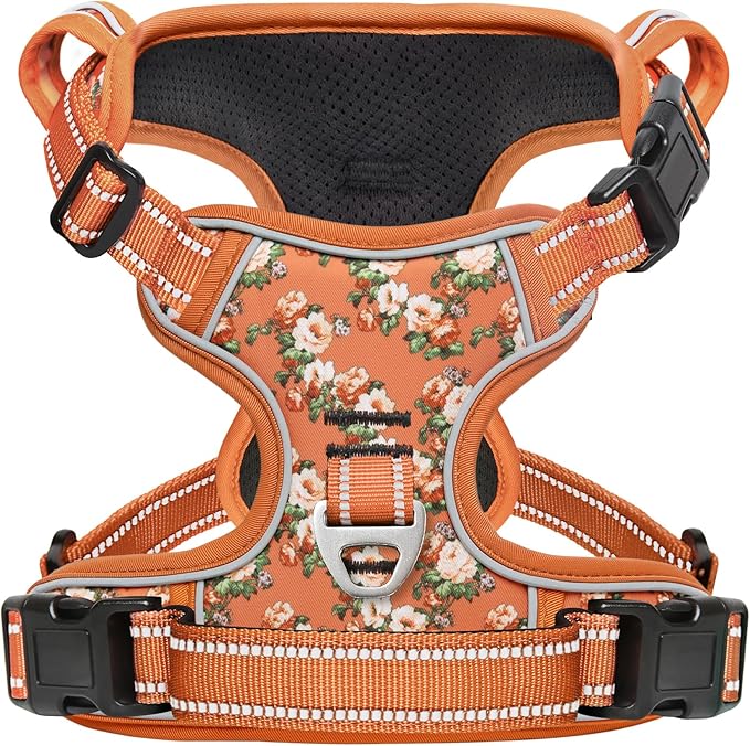 Timos Dog Harness for Large Dogs, No Pull Service Vest with Reflective Strips and Control Handle,No Choke Dog Harness with 2 Metal Rings for Easy Walking,Outdoor Training,Flower Orange, XL