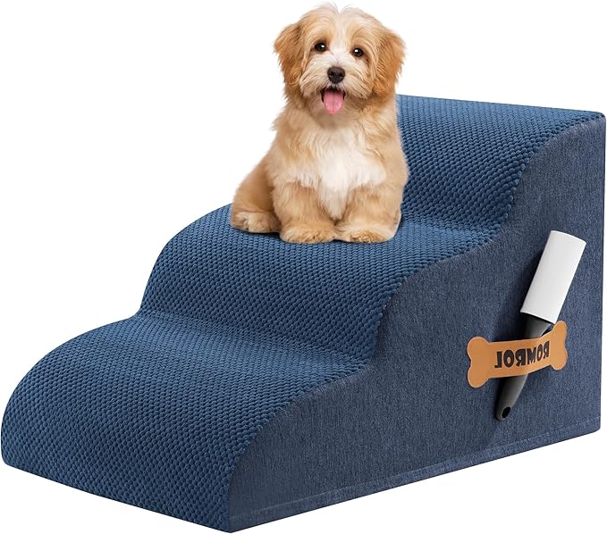 Romrol Dog Stairs Ramp for High Beds Couches, High Density Foam Pet Steps with Durable Non-Slip Waterproof Fabric Cover, Dog Stairs for Small Dogs or Cats or Pets, 3-Step,15 Inch,Dusty Blue