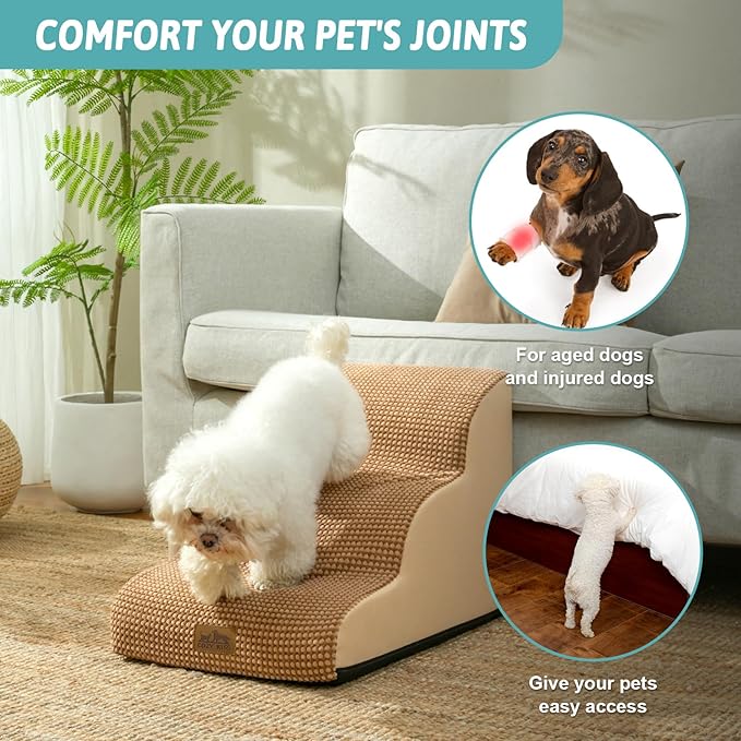 Dog Stairs for Small Dogs 15.7" H, Curved Dog Step for Puppy, Older Cat, Medium Pet Ramp for Sofa, Couch or Chair, Ladder with High Density Foam, 15.7x22.4x15.7 inch, 3 Step, Light Brown