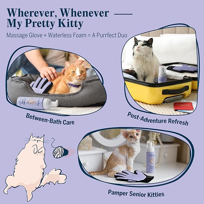 Pretty Kitty Waterless Cat Dry Shampoo with Grooming Glove– No Rinse, Lick-Safe, Moisturizing for Dry Skin, Dandruff, Deshedding, Wash Soap Spray Foam for Kittens, Bathing & Cleaning Supplies