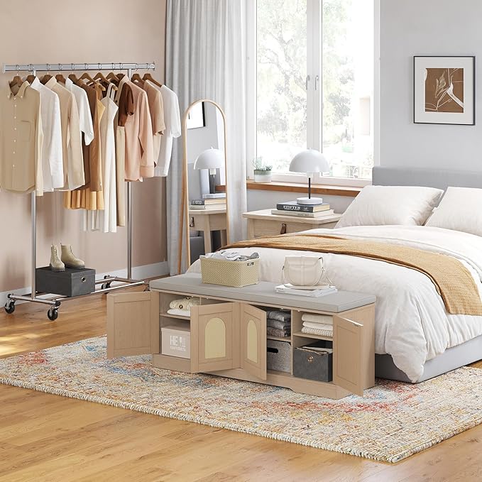 DINZI LVJ Shoe Bench, Entryway Storage Bench with Doors, Cushion, 2-Tier Shoe Rack with 8-Cubby, 47.2”L x 13.8”W Shoe Organizer Cabinet, Adjustable Shelf, Living Room, Bedroom, Natural with Rattan