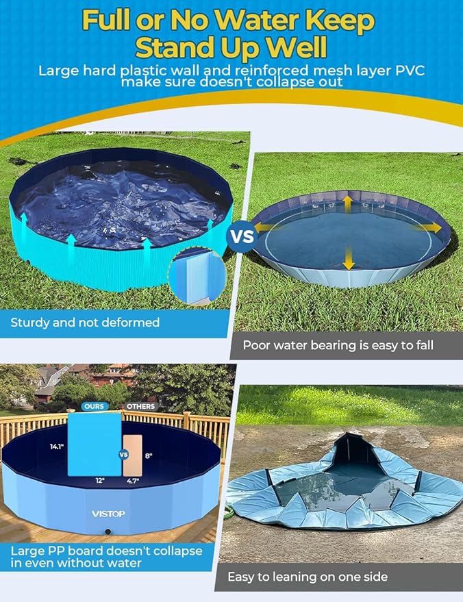 VISTOP Jumbo Foldable Dog Pool, Hard Plastic Shell Portable Swimming Pool for Dogs Cats and Kids Pet Puppy Bathing Tub Collapsible Kiddie Pool (77inch.D x 15.7inch.H, Blue)