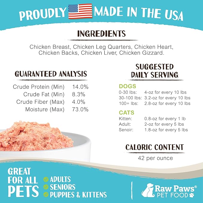 Raw Paws Signature Blend Pet Food for Dog & Cats - Chicken Recipe, 1-lb Rolls (10 Pack) - Frozen Fresh Dog Food - Made in USA - Natural Raw Diet Dog Food Log