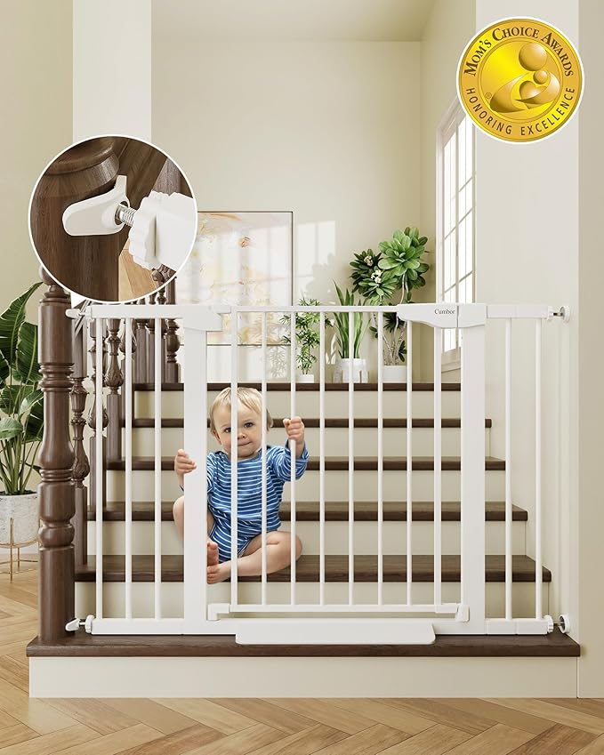 Cumbor 29.7-46" Baby Gate for Stairs, Toddler Safety Essentials for The House, Auto Close Dog Gate for Doorways, Mom's Choice Awards Winner-Easy Install Pressure Mounted Pet Gates for Dogs, White