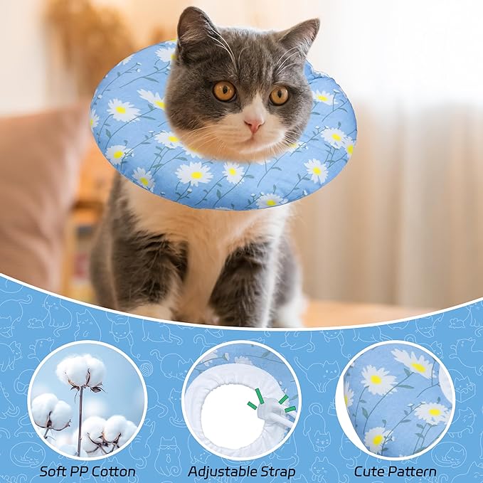 Cat Cone Collar Soft, Adjustable Cat Recovery Collars Kitten Cones to Stop Licking, Cute Donut E Collar After Surgery, Wound Healing Elizabethan Collar for Kitten(Blue Daisy, Large)