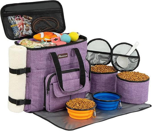 Modoker Dog Travel Organizer Carriers for Supplies & Accessories, Airline Approved Cat Pet Travel Bag, 2 Collapsible Bowls, 2 Travel Dog Food Container, Purple