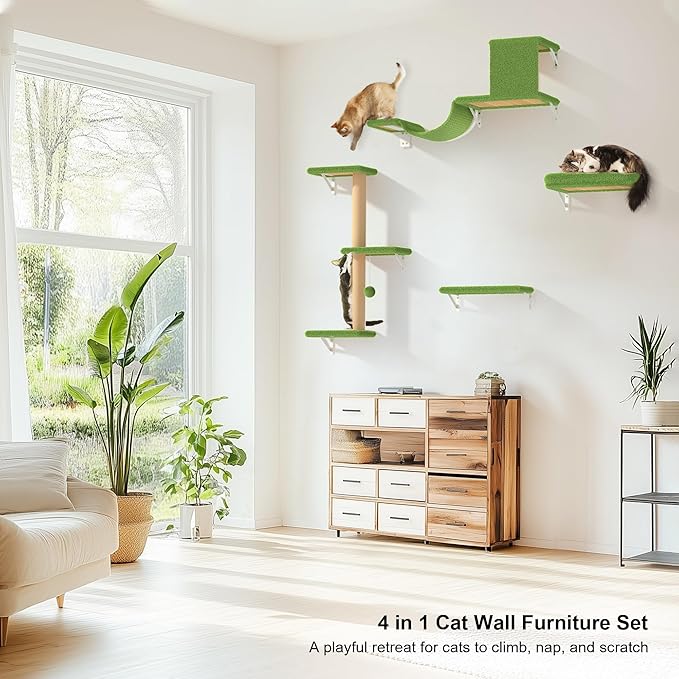 FUKUMARU Cat Wall Shelves, Stable & Safe 4 in 1 Cat Furniture Set, Wooden Climbing Wall with Scratching Post, Bridge and Bed, Stylish Jungle Gym for 16 Inch Drywall - Green