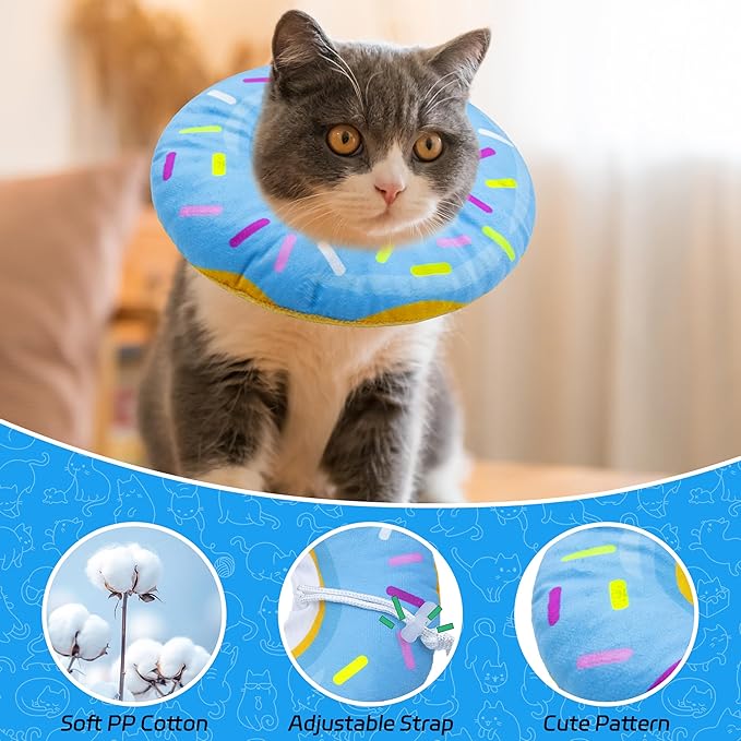 Cat Cone Collar Soft, Adjustable Cat Recovery Collars Kitten Cones to Stop Licking, Cute Donut E Collar After Surgery, Anti-Lick Wound Healing Elizabethan Collar for Kittens(Donut Blue, Medium)