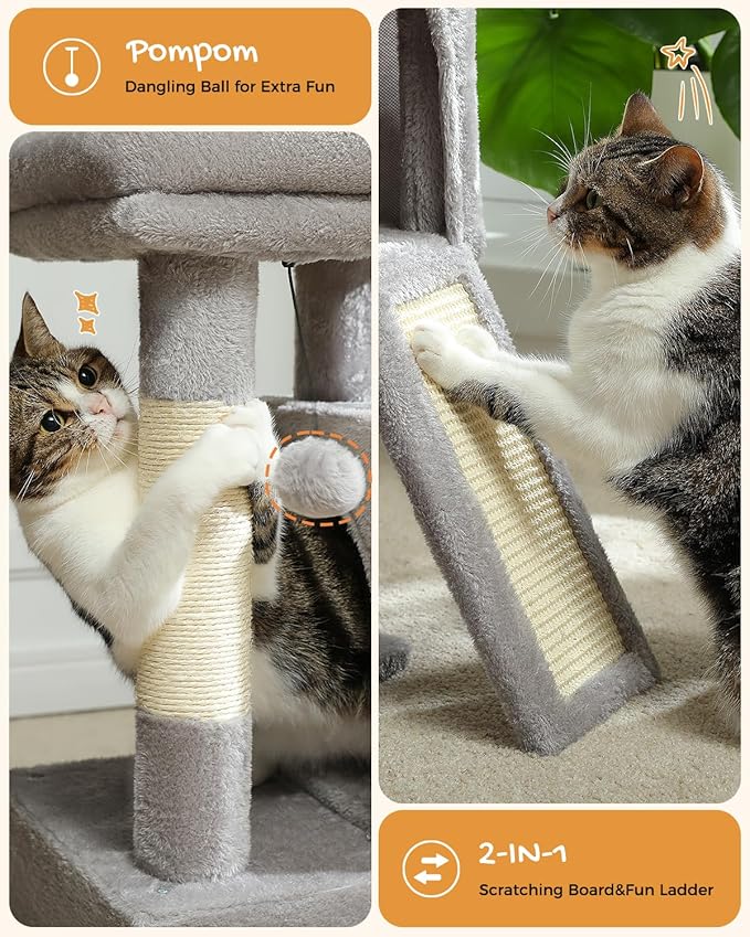 PAWZ Road Cat Tree, 30 Inches Cat Tower with Dual Condos for Indoor Cats, Plush Cat House with Padded Perch, Scratching Ramp and Posts and Replaceable Balls-Gray