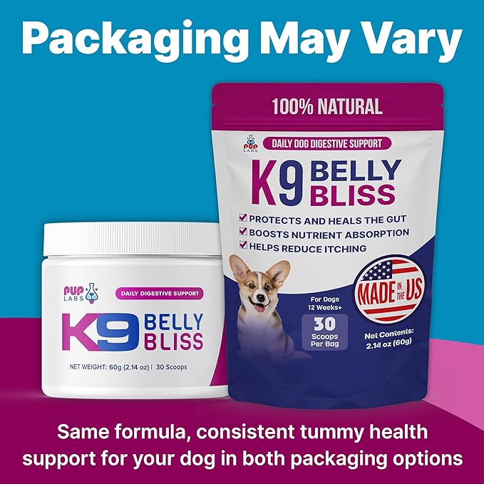 K9 Belly Bliss, All-Natural Gut Health for Dogs, Vet Approved Prebiotic for Dogs for Daily Digestive Support & Dog Constipation Relief, Topper for Dry & Wet Food, 3 Pack with 30 Scoops Each.