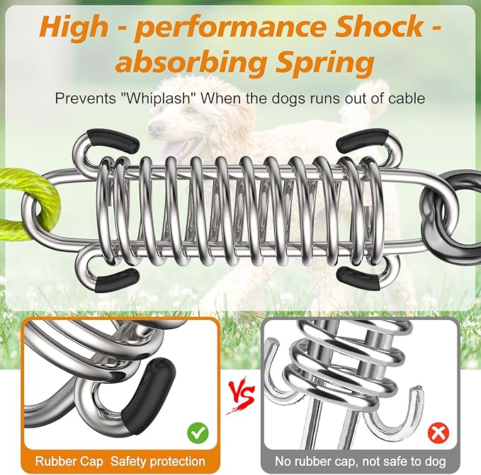Tresbro 40 FT Dog Tie Out Cable with Spring, Shock Absorbing Tether Chains for Outside Aavilable in 10/15/20/25/30/40/50/70/100/120 FT, Heavy Duty Leads for Yard for Medium & Large Dogs Up to 500 LBS