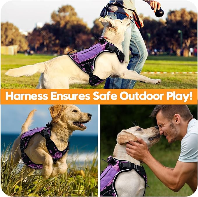 Heavy-Duty Tactical Dog Harness for Large Dogs, No Pull Adjustable Reflective Pet Vest with Molle System, K9 Military-Grade Control for Service Training, Outdoor & 10+ Breeds, Purple Camo, XX-Large
