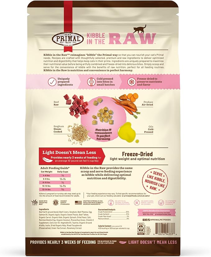 Primal Kibble in The Raw, Freeze Dried Cat Food, Beef, Scoop & Serve, Made with Raw Protein, Whole Ingredient Nutrition, Crafted in The USA, Dry Cat Food, 24 Ounce (1.5 lb) Bag