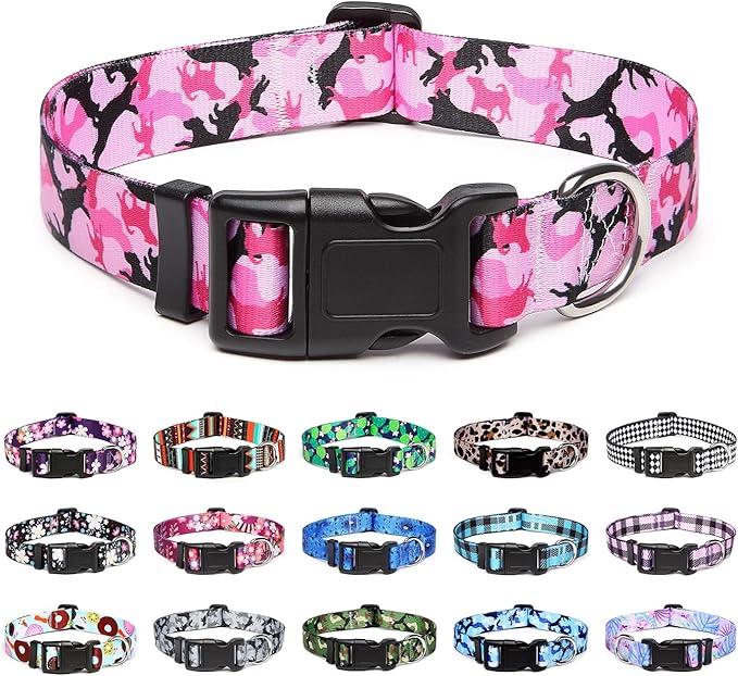 Mercano Adjustable Dog Collar - Special Design Patterns, Soft Nylon Comfortable Sturdy Pet Collar for Small Medium Large Dogs (L, Dog Camouflage Pink)