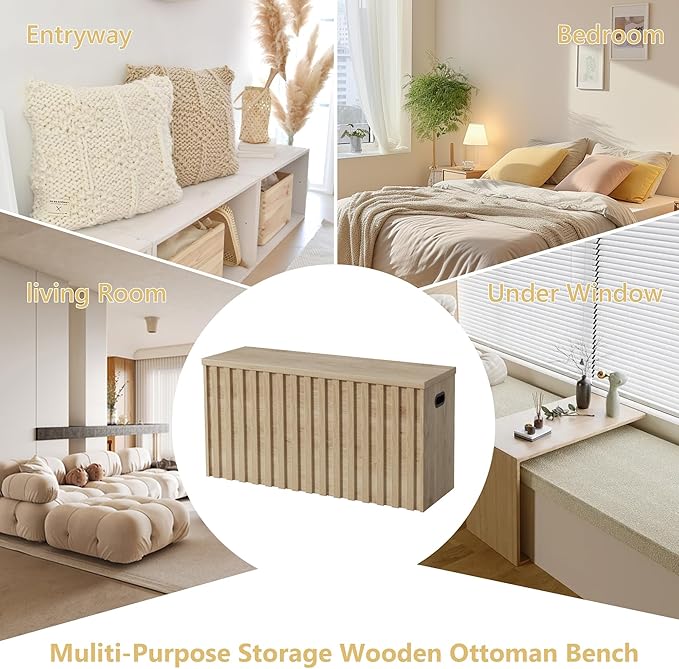 UEV Storage Bench Set of 2, 39.4" Wood Storage Trunk with 2 Safety Hinges, Sturdy Storage Chest, Fluted Storage Bench for Bedroom, Shoe Bench for Entryway, Living Room (Ivroy White)