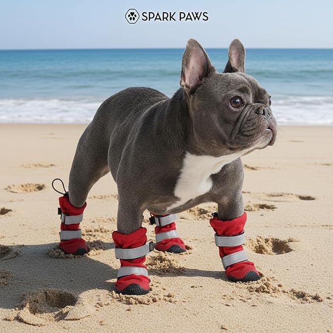 Spark Paws Dog Shoes, Waterproof Dog Boots for Medium to Large Dogs, Non Slip, Breathable Dog Booties and Paw Protectors - 4PCS Doggie Hiking Boots with Reflective Straps, Red, Size 4