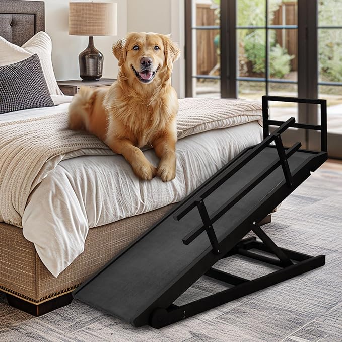 Dog Ramp, 5 Level Adjustable Wooden Folding Pet Ramp for Middle Bed, Couch,SUV-High Traction, Portable Paw Ramps for Small & Large Old Dogs & Cats - Furniture Quality
