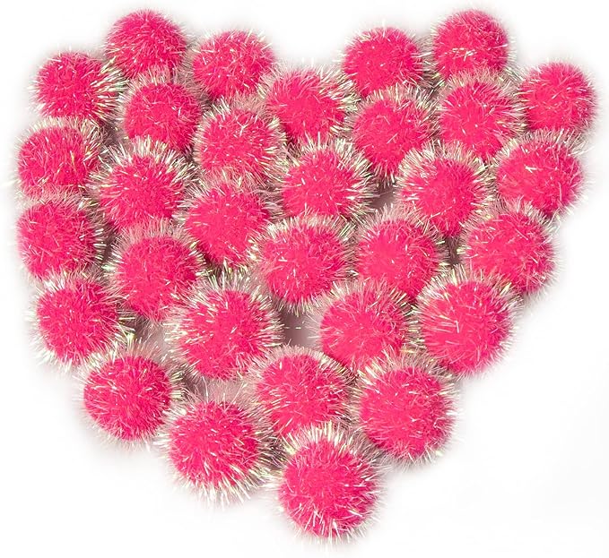 VAPKER 30 Pcs Cat Ball Toys Sparkle Balls Extra Large 2 Inch Cat's Favorite Chase Glitter Ball Glitter Tinsel Pom Poms Balls Hot Pink Color
