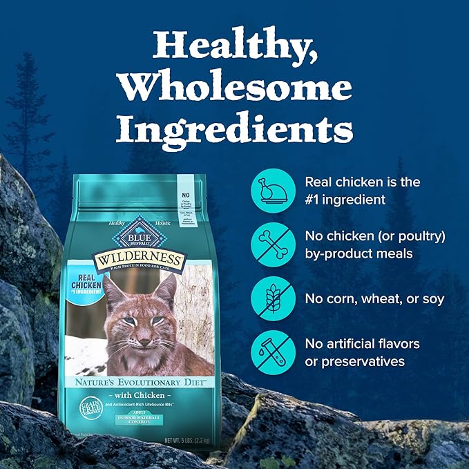 Blue Buffalo Wilderness High Protein Indoor Hairball Control Chicken Dry Cat Food for Adult Cats, Grain-Free, 5 lb. Bag