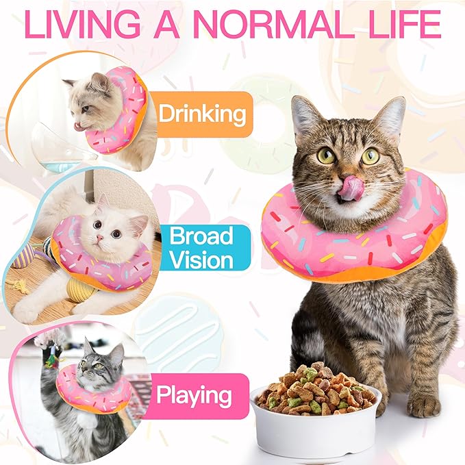 Cat Cone Collar Soft, Cute Cat Donut Collar After Surgery, Adjustable Kitten Recovery Cones to Stop Licking, Lightweight Neck Elizabethan Collars for Cats Kittens (Pink, Medium)